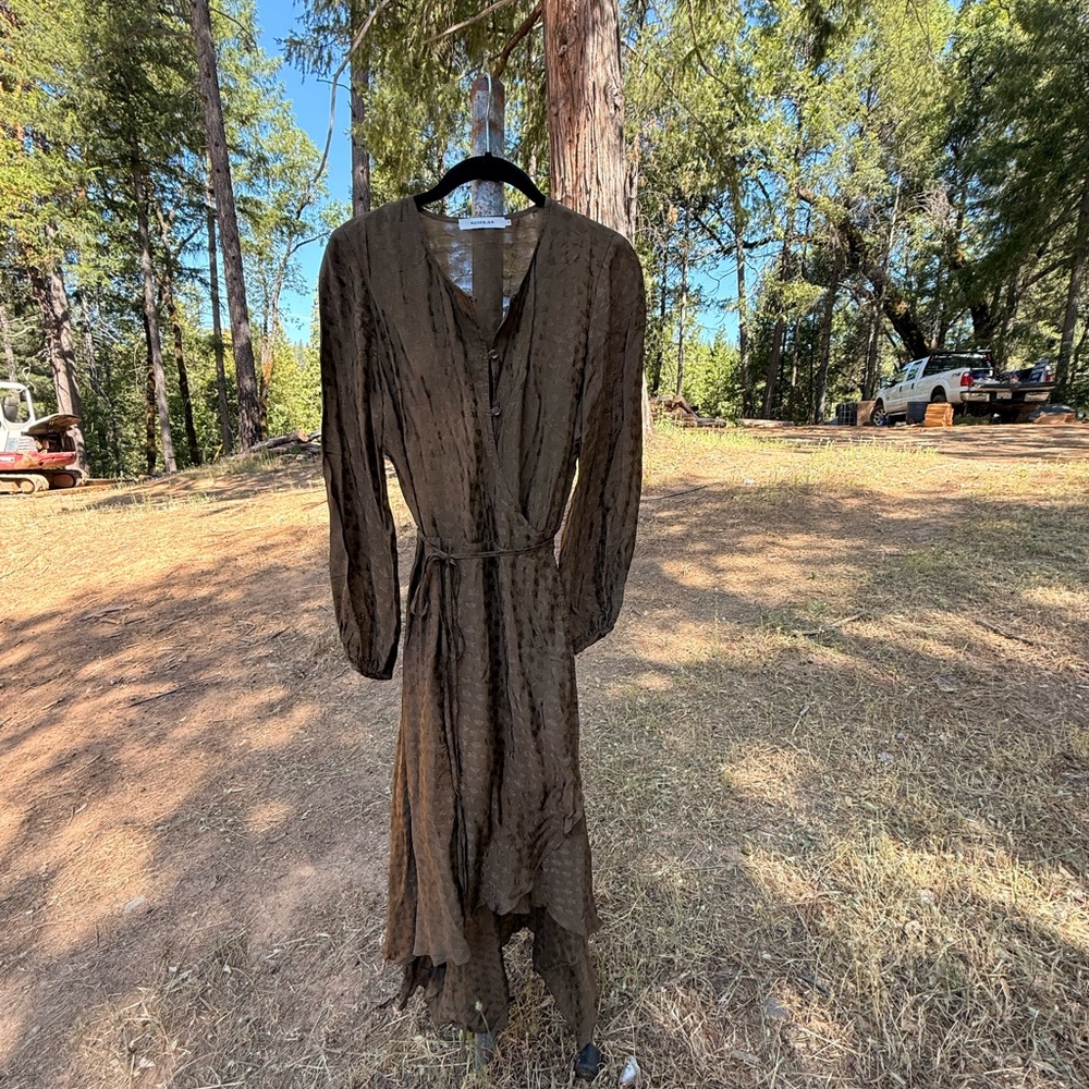 Rodebjer Olive Brown silk jacquard Long Sleeved Wral Dress